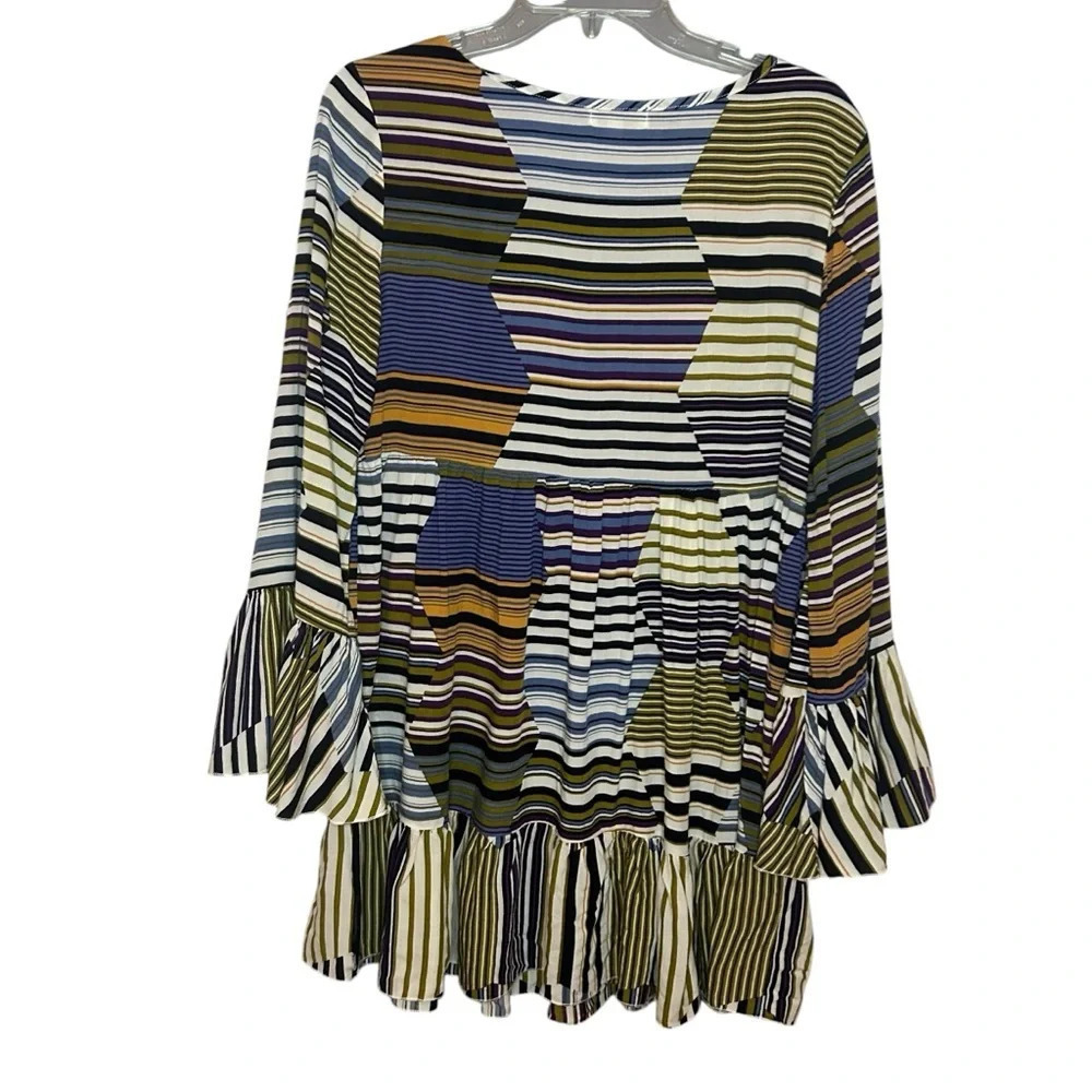 Velzera Boho Striped Tunic Top Small Ruffle Hem Tassel Tie - Picture 4 of 11